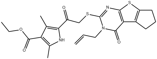 ethyl 5-(2-((3-allyl-4-oxo-3,5,6,7-tetrahydro-4H-cyclopenta[4,5]thieno[2,3-d]pyrimidin-2-yl)thio)acetyl)-2,4-dimethyl-1H-pyrrole-3-carboxylate Struktur