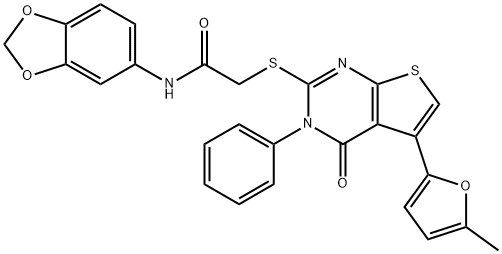 N-(benzo[d][1,3]dioxol-5-yl)-2-((5-(5-methylfuran-2-yl)-4-oxo-3-phenyl-3,4-dihydrothieno[2,3-d]pyrimidin-2-yl)thio)acetamide Struktur