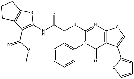 methyl 2-(2-((5-(furan-2-yl)-4-oxo-3-phenyl-3,4-dihydrothieno[2,3-d]pyrimidin-2-yl)thio)acetamido)-5,6-dihydro-4H-cyclopenta[b]thiophene-3-carboxylate Struktur