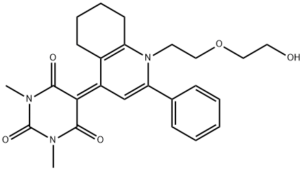 5-(1-(2-(2-hydroxyethoxy)ethyl)-2-phenyl-5,6,7,8-tetrahydroquinolin-4(1H)-ylidene)-1,3-dimethylpyrimidine-2,4,6(1H,3H,5H)-trione Struktur