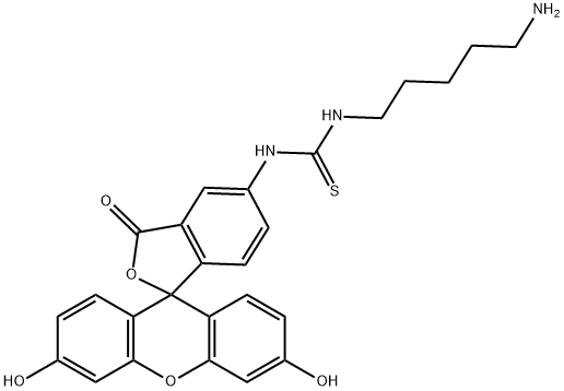 1-(5-aminopentyl)-3-(3',6'-dihydroxy-3-oxospiro[2-benzofuran-1,9'-xanthene]-5-yl)thiourea Struktur