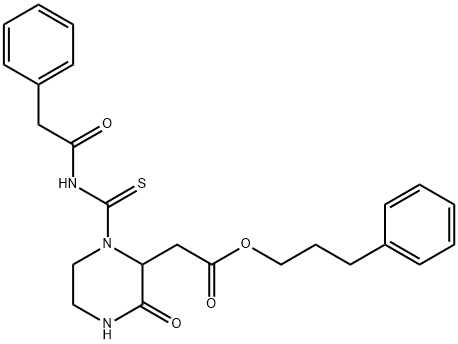 3-phenylpropyl (3-oxo-1-{[(phenylacetyl)amino]carbonothioyl}-2-piperazinyl)acetate Struktur