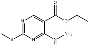 4-Hydrazino-2-methylsulfanyl-pyrimidine-5-carboxylic acid ethyl ester Struktur