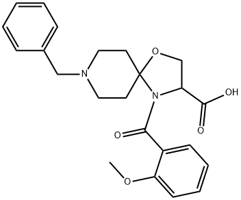 8-benzyl-4-(2-methoxybenzoyl)-1-oxa-4,8-diazaspiro[4.5]decane-3-carboxylic acid Struktur