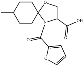 4-(furan-2-carbonyl)-8-methyl-1-oxa-4-azaspiro[4.5]decane-3-carboxylic acid Struktur