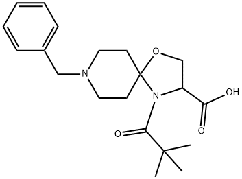 8-benzyl-4-(2,2-dimethylpropanoyl)-1-oxa-4,8-diazaspiro[4.5]decane-3-carboxylic acid Struktur