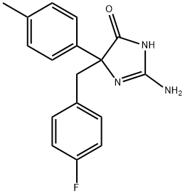 2-amino-5-[(4-fluorophenyl)methyl]-5-(4-methylphenyl)-4,5-dihydro-1H-imidazol-4-one Struktur