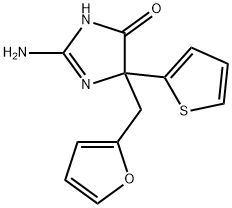 2-amino-5-[(furan-2-yl)methyl]-5-(thiophen-2-yl)-4,5-dihydro-1H-imidazol-4-one Struktur