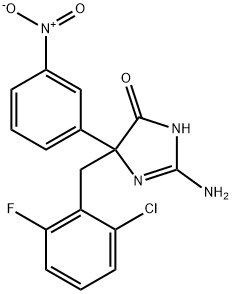 2-amino-5-[(2-chloro-6-fluorophenyl)methyl]-5-(3-nitrophenyl)-4,5-dihydro-1H-imidazol-4-one Struktur