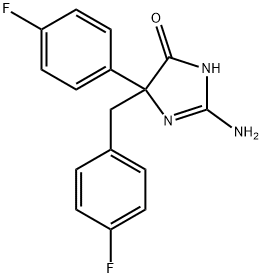 2-amino-5-(4-fluorophenyl)-5-[(4-fluorophenyl)methyl]-4,5-dihydro-1H-imidazol-4-one Struktur