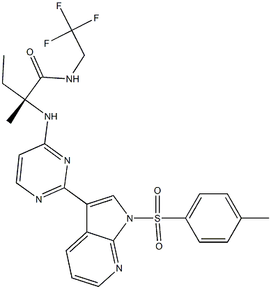 (R)-2-methyl-2-(2-(1-tosyl-1H-pyrrolo[2,3-b]pyridin-3-yl)pyrimidin-4-ylamino)-N-(2,2,2-trifluoroethyl)butanamide Struktur