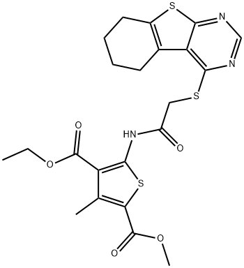 4-ethyl 2-methyl 3-methyl-5-(2-((5,6,7,8-tetrahydrobenzo[4,5]thieno[2,3-d]pyrimidin-4-yl)thio)acetamido)thiophene-2,4-dicarboxylate Struktur