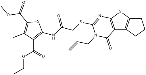 4-ethyl 2-methyl 5-(2-((3-allyl-4-oxo-3,5,6,7-tetrahydro-4H-cyclopenta[4,5]thieno[2,3-d]pyrimidin-2-yl)thio)acetamido)-3-methylthiophene-2,4-dicarboxylate Struktur