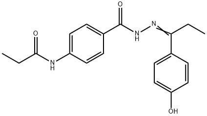 N-[4-({2-[1-(4-hydroxyphenyl)propylidene]hydrazino}carbonyl)phenyl]propanamide Struktur