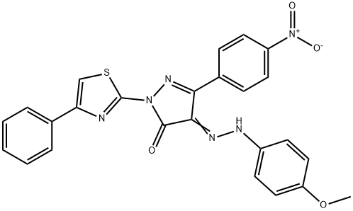 4-[(4-methoxyphenyl)hydrazono]-5-(4-nitrophenyl)-2-(4-phenyl-1,3-thiazol-2-yl)-2,4-dihydro-3H-pyrazol-3-one Struktur