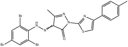 5-methyl-2-[4-(4-methylphenyl)-1,3-thiazol-2-yl]-4-[(2,4,6-tribromophenyl)hydrazono]-2,4-dihydro-3H-pyrazol-3-one Struktur