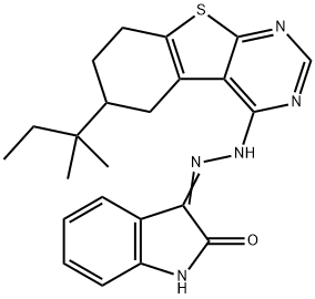 (E)-3-(2-(6-(tert-pentyl)-5,6,7,8-tetrahydrobenzo[4,5]thieno[2,3-d]pyrimidin-4-yl)hydrazono)indolin-2-one Struktur