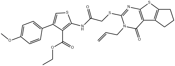 ethyl 2-(2-((3-allyl-4-oxo-3,5,6,7-tetrahydro-4H-cyclopenta[4,5]thieno[2,3-d]pyrimidin-2-yl)thio)acetamido)-4-(4-methoxyphenyl)thiophene-3-carboxylate Struktur