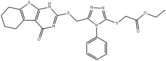 ethyl 2-((5-(((4-oxo-3,4,5,6,7,8-hexahydrobenzo[4,5]thieno[2,3-d]pyrimidin-2-yl)thio)methyl)-4-phenyl-4H-1,2,4-triazol-3-yl)thio)acetate Struktur