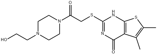 2-((2-(4-(2-hydroxyethyl)piperazin-1-yl)-2-oxoethyl)thio)-5,6-dimethylthieno[2,3-d]pyrimidin-4(3H)-one Struktur