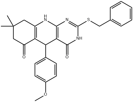 2-(benzylthio)-5-(4-methoxyphenyl)-8,8-dimethyl-5,8,9,10-tetrahydropyrimido[4,5-b]quinoline-4,6(3H,7H)-dione Struktur