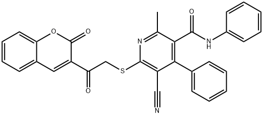 5-cyano-2-methyl-6-((2-oxo-2-(2-oxo-2H-chromen-3-yl)ethyl)thio)-N,4-diphenylnicotinamide Struktur