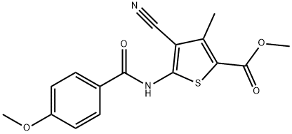 methyl 4-cyano-5-{[(4-methoxyphenyl)carbonyl]amino}-3-methylthiophene-2-carboxylate Struktur