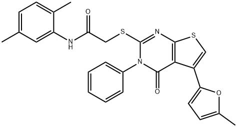 N-(2,5-dimethylphenyl)-2-((5-(5-methylfuran-2-yl)-4-oxo-3-phenyl-3,4-dihydrothieno[2,3-d]pyrimidin-2-yl)thio)acetamide Struktur