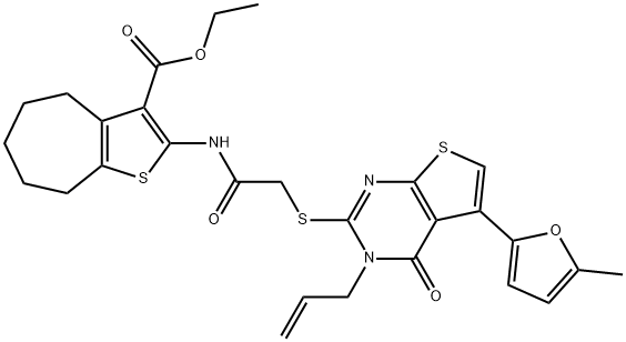 ethyl 2-(2-((3-allyl-5-(5-methylfuran-2-yl)-4-oxo-3,4-dihydrothieno[2,3-d]pyrimidin-2-yl)thio)acetamido)-5,6,7,8-tetrahydro-4H-cyclohepta[b]thiophene-3-carboxylate Struktur