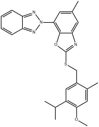 2-(2-{[4-methoxy-2-methyl-5-(propan-2-yl)benzyl]sulfanyl}-5-methyl-1,3-benzoxazol-7-yl)-2H-benzotriazole Struktur