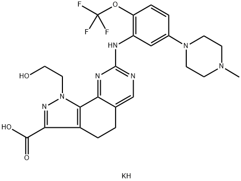 potassium 1-(2-hydroxyethyl)-8-(5-(4-methylpiperazin-1-yl)-2-(trifluoromethoxy)phenylamino)-4,5-dihydro-1H-pyrazolo[4,3-h]quinazoline-3-carboxylate Struktur