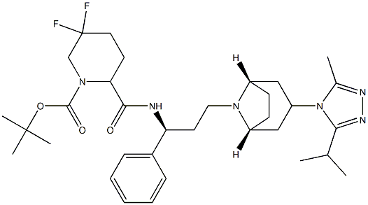 tert-butyl 5,5-difluoro-2-((S)-3-((1S,3R,5R)-3-(3-isopropyl-5-methyl-4H-1,2,4-triazol-4-yl)-8-aza-bicyclo[3.2.1]octan-8-yl)-1-phenylpropylcarbamoyl)piperidine-1-carboxylate Struktur