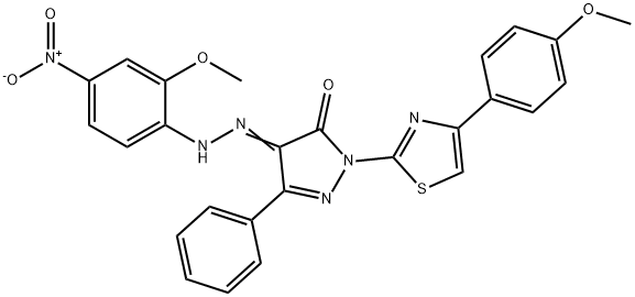 4-[(2-methoxy-4-nitrophenyl)hydrazono]-2-[4-(4-methoxyphenyl)-1,3-thiazol-2-yl]-5-phenyl-2,4-dihydro-3H-pyrazol-3-one Struktur