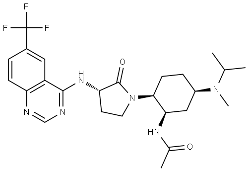 N-((1R,2S,5R)-5-(ISOPROPYL(METHYL)AMINO)-2-((S)-2-OXO-3-((6-(TRIFLUOROMETHYL)QUINAZOLIN-4-YL)AMINO)PYRROLIDIN-1-YL)CYCLOHEXYL)ACETAMIDE Struktur