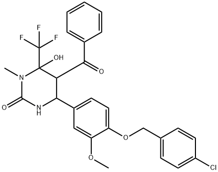 5-benzoyl-4-(4-((4-chlorobenzyl)oxy)-3-methoxyphenyl)-6-hydroxy-1-methyl-6-(trifluoromethyl)tetrahydropyrimidin-2(1H)-one Struktur