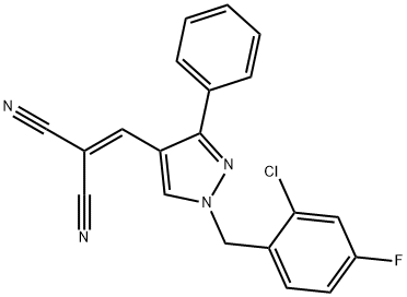 2-[[1-[(2-chloro-4-fluorophenyl)methyl]-3-phenylpyrazol-4-yl]methylidene]propanedinitrile Struktur