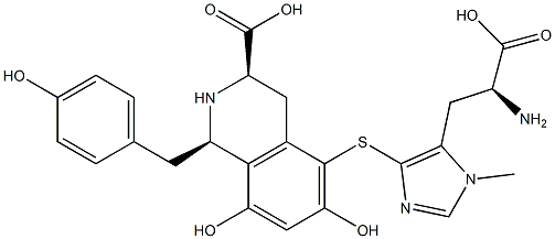 3-Isoquinolinecarboxylicacid,5-[[5-[(2S)-2-amino-2-carboxyethyl]-1-methyl-1H-imidazol-4-yl]thio]-1,2,3,4-tetrahydro-6,8-dihydroxy-1-[(4-hydroxyphenyl)methyl]-,(1R,3R)- Struktur