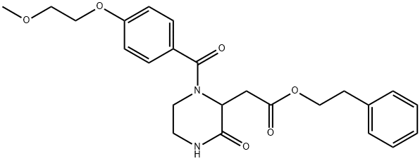 2-phenylethyl {1-[4-(2-methoxyethoxy)benzoyl]-3-oxo-2-piperazinyl}acetate Struktur