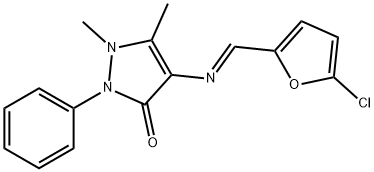 (E)-4-(((5-chlorofuran-2-yl)methylene)amino)-1,5-dimethyl-2-phenyl-1,2-dihydro-3H-pyrazol-3-one Struktur