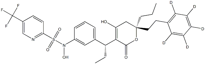 N-hydroxy-N-[3-[(1R)-1-[(2R)-4-hydroxy-6-oxo-2-[2-(2,3,4,5,6-pentadeuteriophenyl)ethyl]-2-propyl-3H-pyran-5-yl]propyl]phenyl]-5-(trifluoromethyl)pyridine-2-sulfonamide Struktur