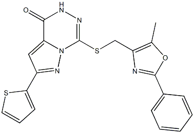 7-[(5-methyl-2-phenyl-1,3-oxazol-4-yl)methylsulfanyl]-2-thiophen-2-yl-5H-pyrazolo[1,5-d][1,2,4]triazin-4-one Struktur