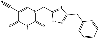 1-(3-Benzyl-[1,2,4]oxadiazol-5-ylmethyl)-2,4-dioxo-1,2,3,4-tetrahydro-pyrimidine-5-carbonitrile Struktur