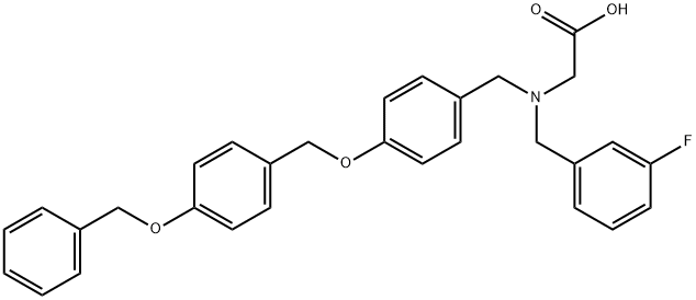 2-{[(4-{[4-(benzyloxy)phenyl]methoxy}phenyl)methyl][(3-fluorophenyl)methyl]amino}acetic acid Struktur