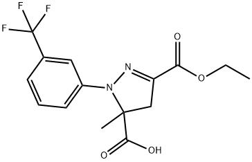 3-(ethoxycarbonyl)-5-methyl-1-[3-(trifluoromethyl)phenyl]-4,5-dihydro-1H-pyrazole-5-carboxylic acid Struktur