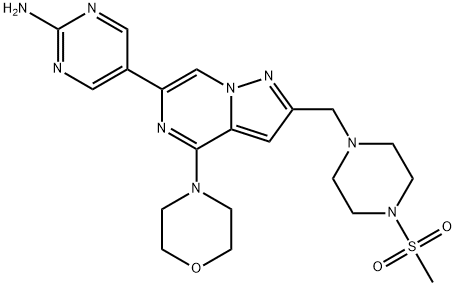 5-(2-((4-(methylsulfonyl)piperazin-1-yl)methyl)-4-morpholinopyrazolo[1,5-a]pyrazin-6-yl)pyrimidin-2-amine Struktur