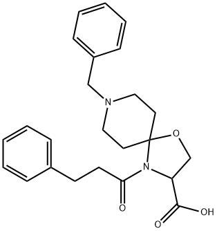 8-benzyl-4-(3-phenylpropanoyl)-1-oxa-4,8-diazaspiro[4.5]decane-3-carboxylic acid Struktur