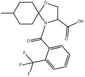 8-methyl-4-[2-(trifluoromethyl)benzoyl]-1-oxa-4-azaspiro[4.5]decane-3-carboxylic acid Struktur