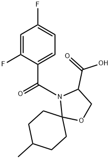 4-(2,4-difluorobenzoyl)-8-methyl-1-oxa-4-azaspiro[4.5]decane-3-carboxylic acid Struktur