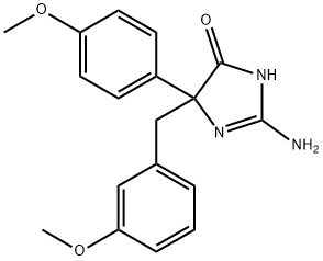 2-amino-5-(4-methoxyphenyl)-5-[(3-methoxyphenyl)methyl]-4,5-dihydro-1H-imidazol-4-one Struktur