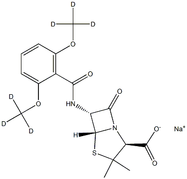 sodium:(2S,5R,6R)-6-[[2,6-bis(trideuteriomethoxy)benzoyl]amino]-3,3-dimethyl-7-oxo-4-thia-1-azabicyclo[3.2.0]heptane-2-carboxylate Struktur